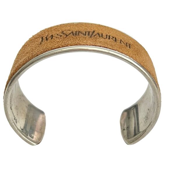 AUTH VTG Yves Saint Laurent YSL Sterling Silver Suede Leather Logo Cuff Bracelet - Picture 5 of 16